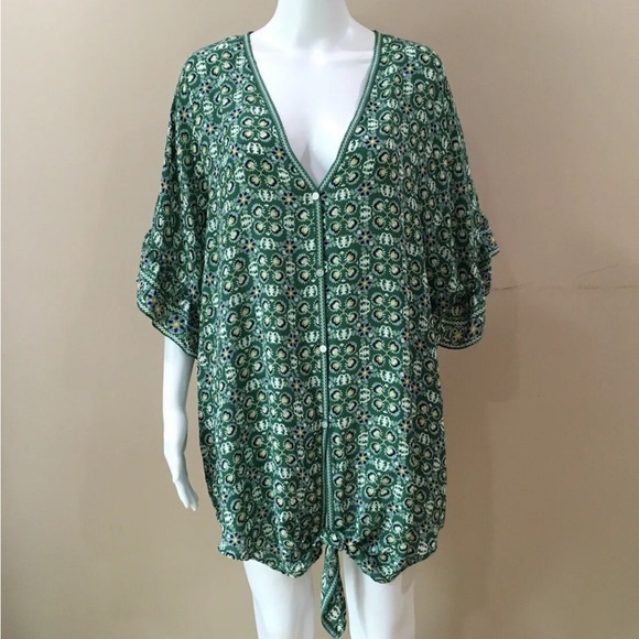 MAX Studio tunic top Green Paisley Print Ruffle Sleeve  Womens 2X NWT - Picture 1 of 5